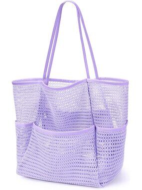 Women's Purple Mesh Beach Tote Bag Large Foldable Swimming Bag with Pockets